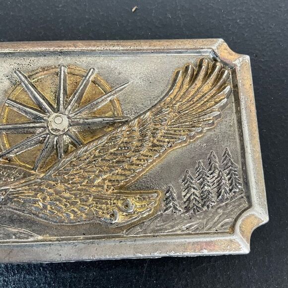 Western Style Brass Belt Buckle With Eagle Flying Over Mountain Pine Forest - Picture 4 of 6